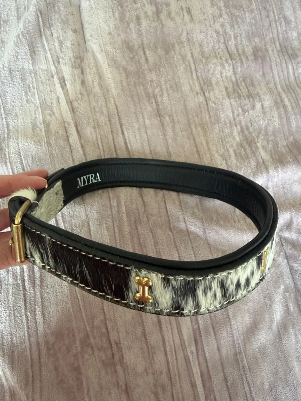 Myra Bag Black and White Cowhide Leather Dog Collar with Gold Hardware